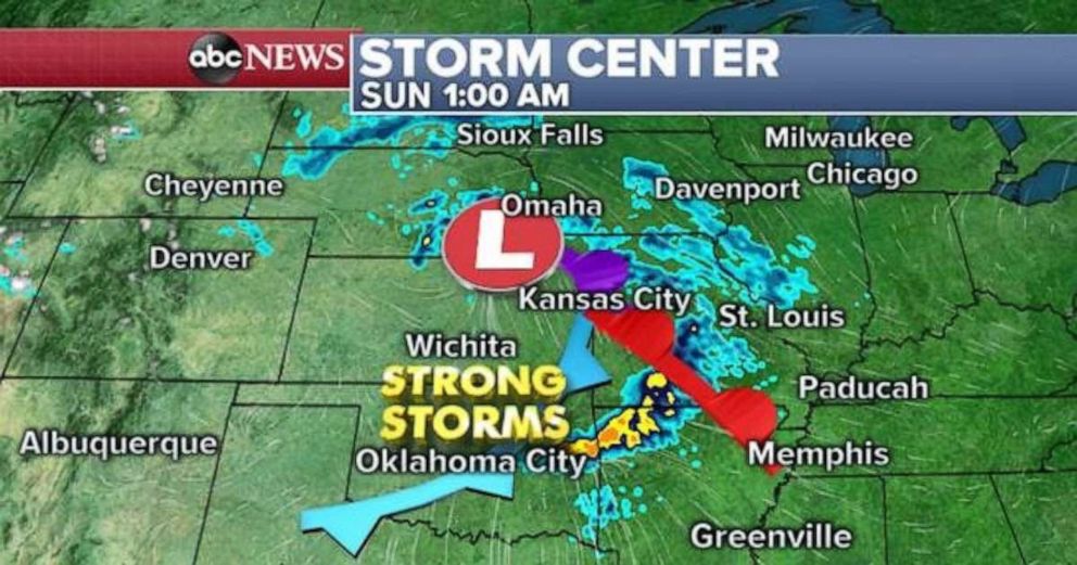 PHOTO: Strong storms are possible in Missouri and Arkansas early Sunday.