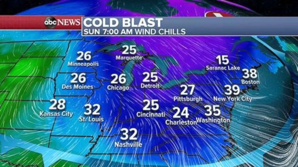 PHOTO: Wind chills will be in the 20s and 30s across most of the eastern U.S. on Sunday morning.