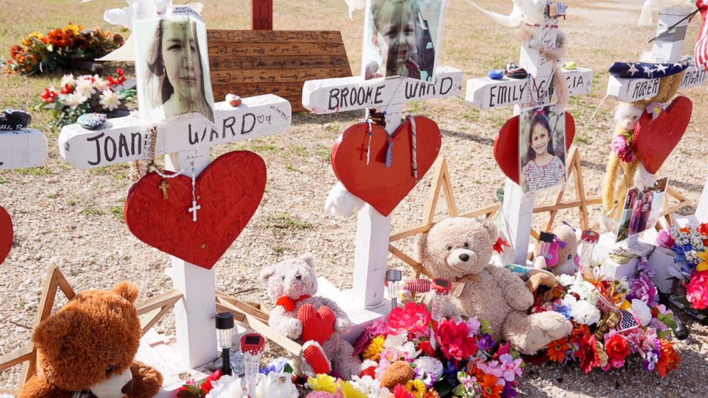 PHOTO: Memorials in Sutherland Springs, Texas, for those shot and killed in the massacre at the First Baptist Church there Nov. 5, 2017.