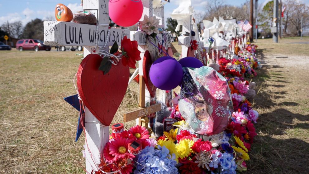 PHOTO: Memorials in Sutherland Springs, Texas, for those shot and killed in the massacre at the First Baptist Church there Nov. 5, 2017.