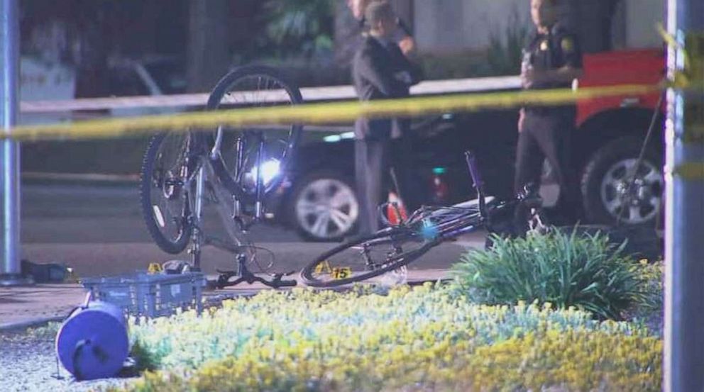 PHOTO: Bicycles lie at the scene of a car crash in Sunnyvale, Calif., where eight people were injured on Tuesday, April 23, 2019.