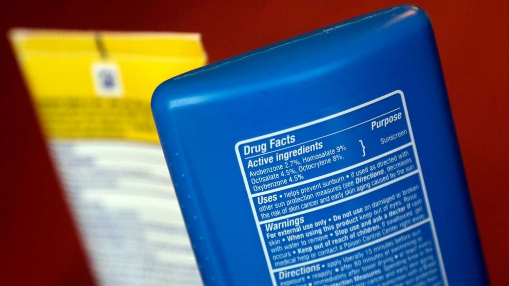 PHOTO: Sunscreen ingredients are pictured in a file photo from May 2, 2018, in San Jose, Calif.