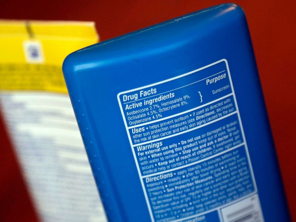 PHOTO: Sunscreen ingredients are pictured in a file photo from May 2, 2018, in San Jose, Calif.