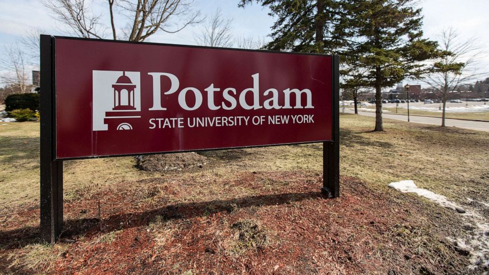 PHOTO: Signage marks the SUNY Potsdam campus in St. Lawrence County in Rochester N.Y., Jan. 3, 2021. 