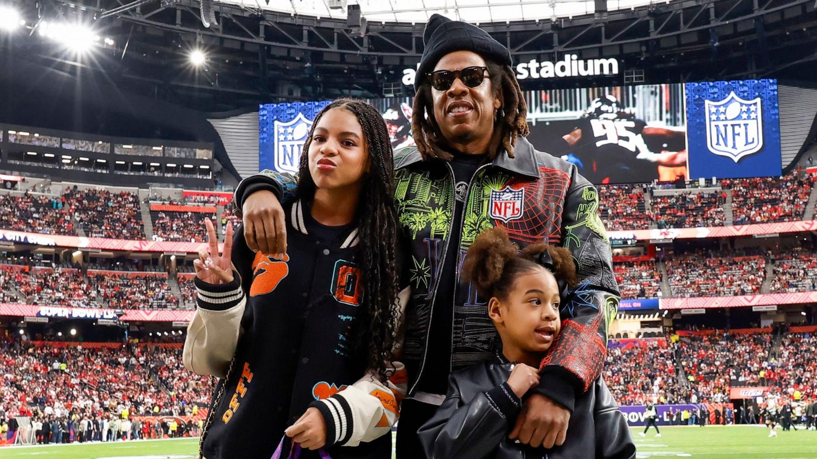 PHOTO: Blue Ivy Carter, Jay-Z and Rumi Carter are seen prior to Super Bowl LVIII, Feb. 11, 2024, in Las Vegas.