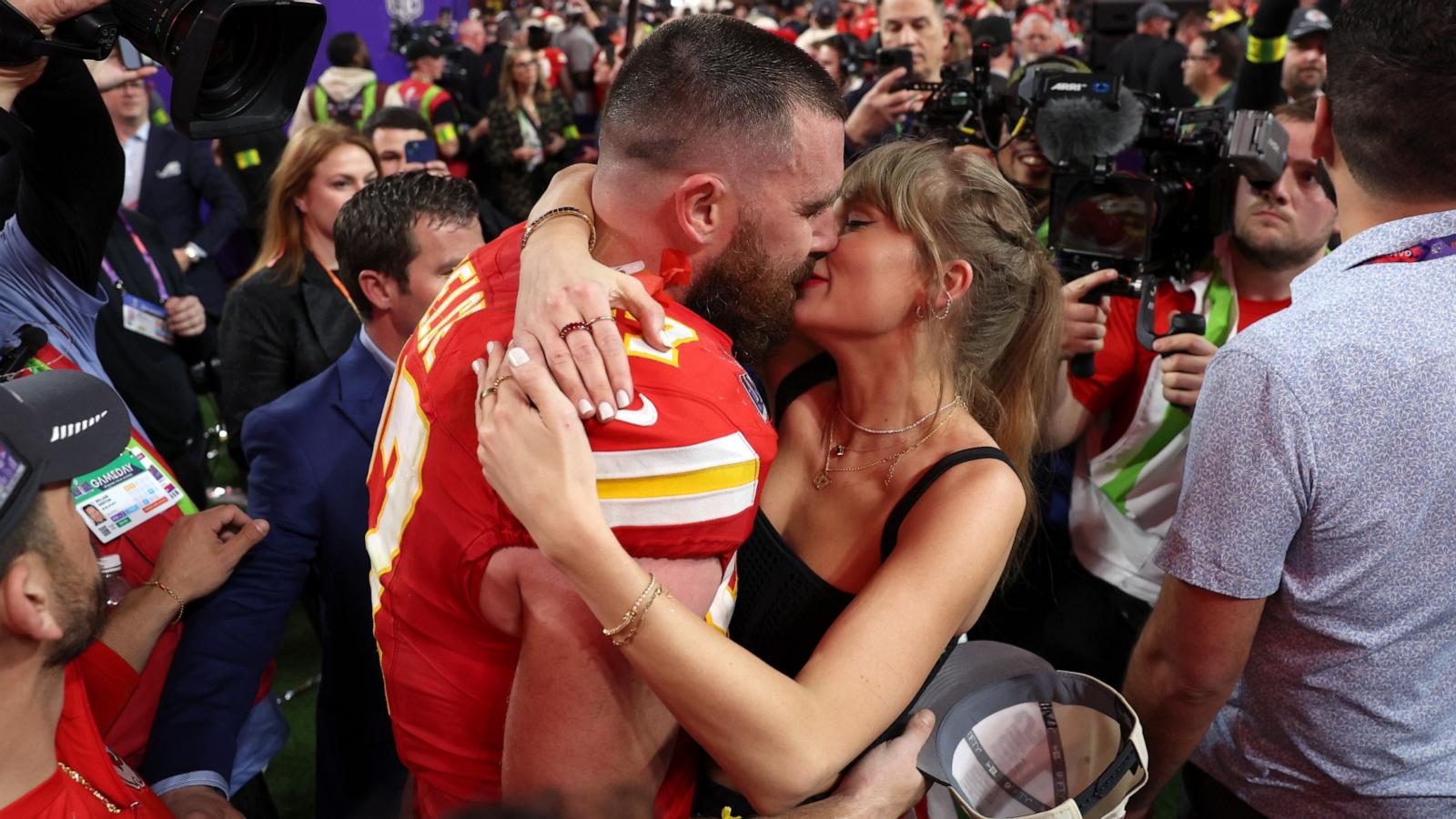 PHOTO: Travis Kelce of the Kansas City Chiefs kisses Taylor Swift after defeating the San Francisco 49ers 2 during Super Bowl LVIII, Feb. 11, 2024, in Las Vegas.