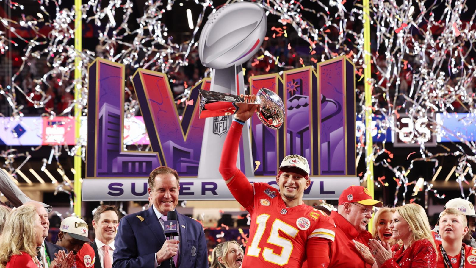 PHOTO: Patrick Mahomes of the Kansas City Chiefs holds the Lombardi Trophy after defeating the San Francisco 49ers in Super Bowl LVIII, Feb. 11, 2024, in Las Vegas.