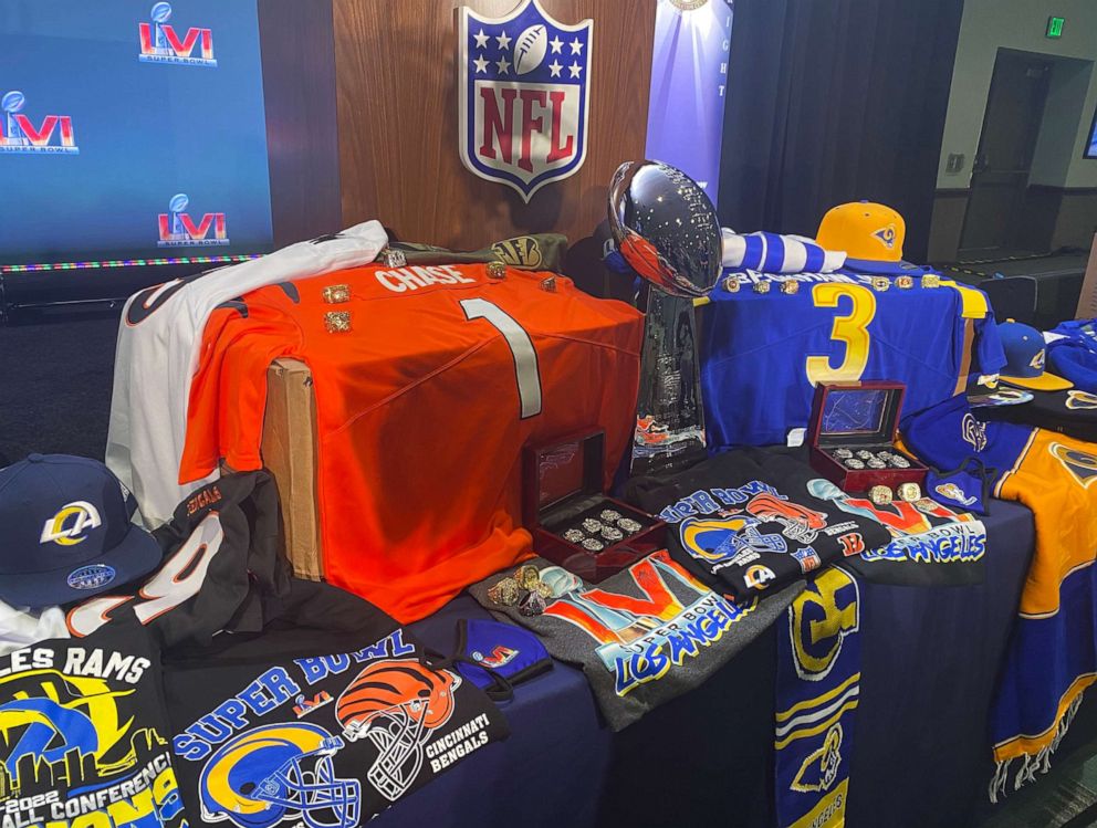PHOTO: Counterfeit NFL apparel seized by Homeland Security Investigations ahead of Super Bowl LVI in Los Angeles.