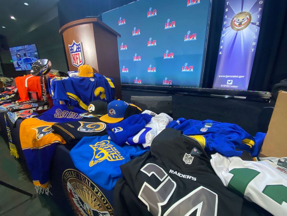 PHOTO: Counterfeit Los Angeles Rams apparel seized by Homeland Security Investigations ahead of Super Bowl LVI.