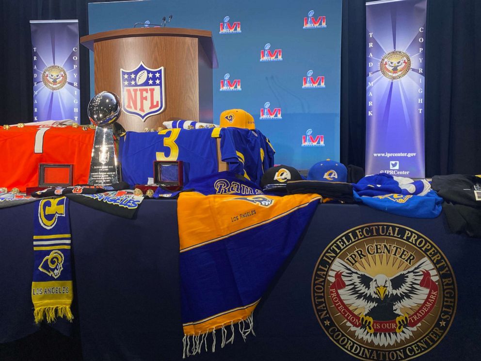 PHOTO: Counterfeit Los Angeles Rams apparel seized by Homeland Security Investigations ahead of Super Bowl LVI.
