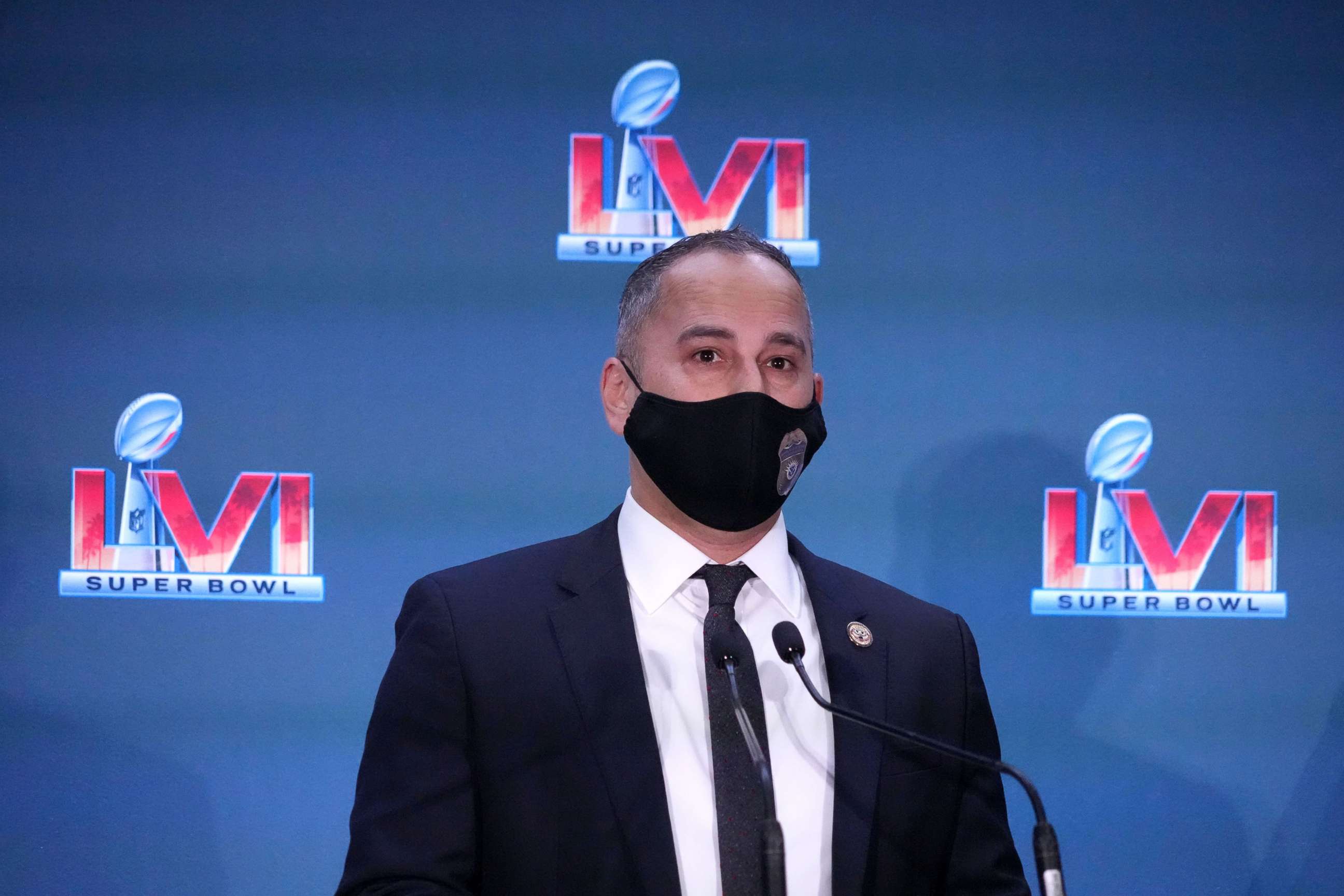 PHOTO: Homeland Security Investigations executive associate director Steve Francis speaks during a Super Bowl LVI anti-counterfeit merchandise press conference at the Los Angeles Convention Center, Feb. 10, 2022.