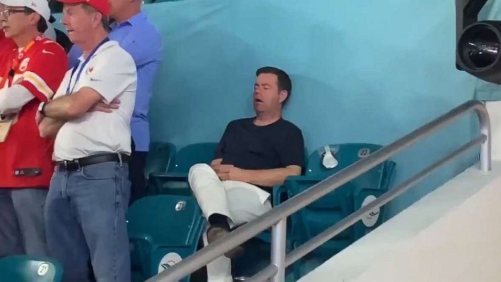 PHOTO: This unidentified man was captured sleeping during the first quarter of Super Bowl LIV in Miami, Florida, on Sunday, Feb. 2, 2020.