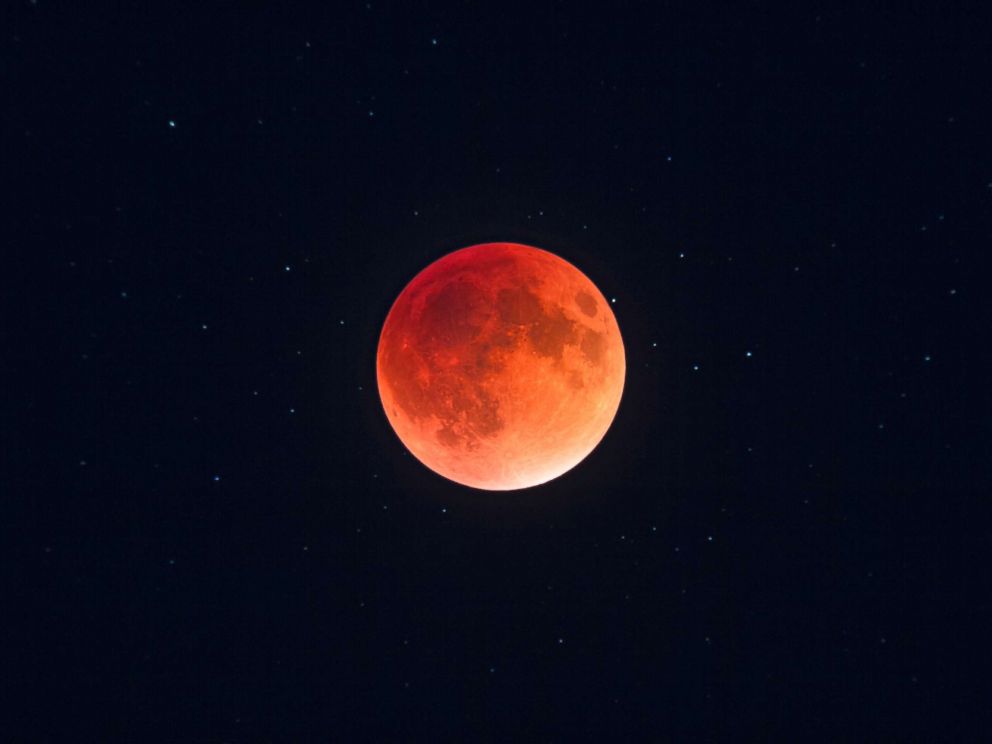PHOTO: The total eclipse of the Moon on Sept. 27, 2015, in a closeup through a telescope, at mid-totality with the moon at its darkest and deepest into the umbral shadow,