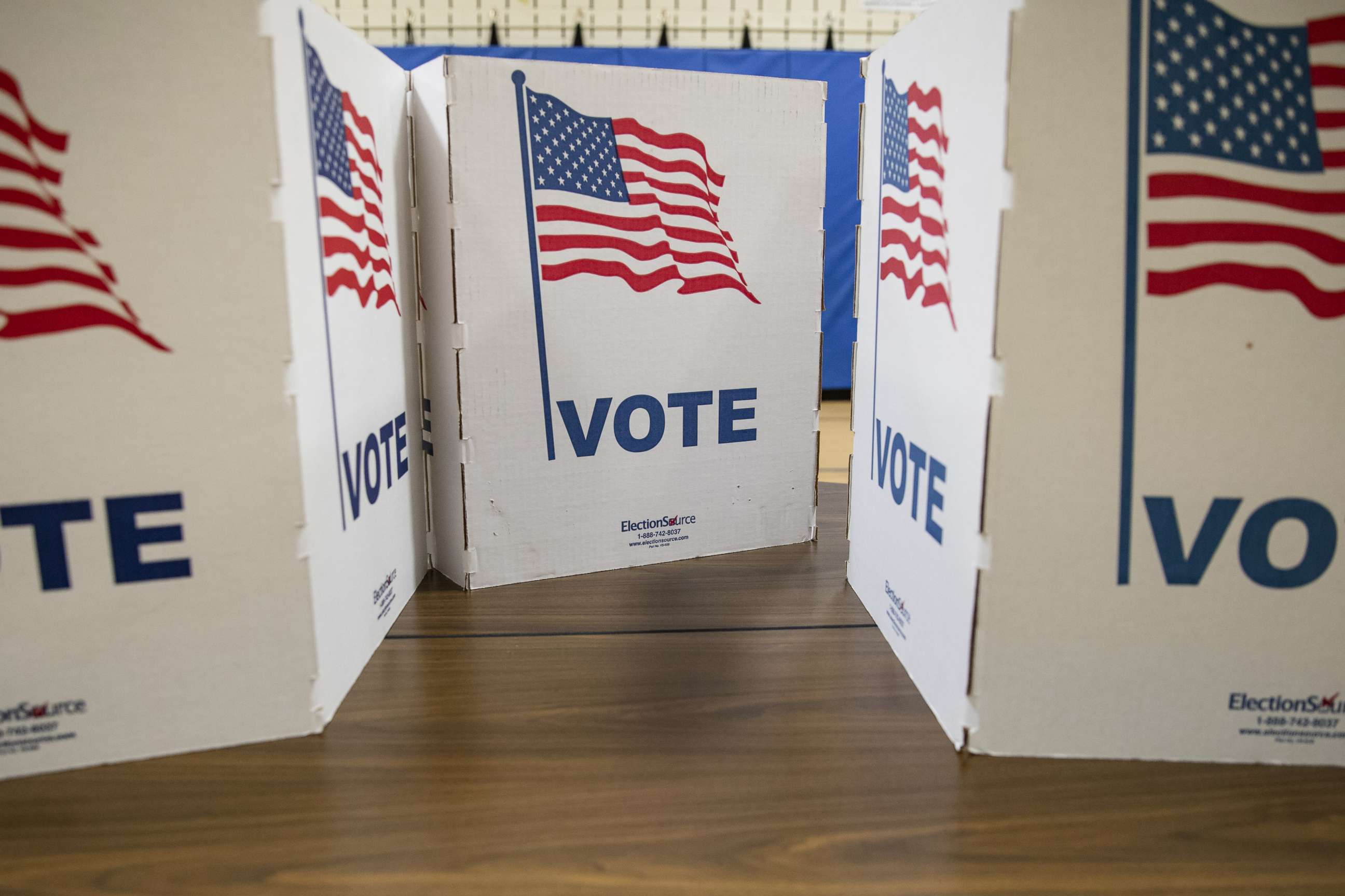 PHOTO: Privacy screens sit on a table at a polling place in Armstrong Elementary School for the Democratic presidential primary election on Super Tuesday, March 3, 2020, in Herndon, Va.