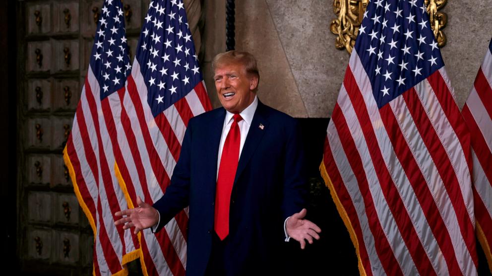 PHOTO: Republican presidential candidate, former President Donald Trump speaks in the library at Mar-a-Lago, Mar. 4, 2024, in Palm Beach, Fla.