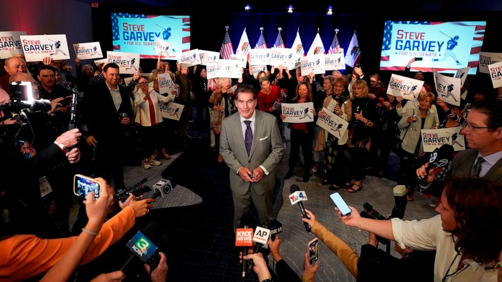 PHOTO: Republican U.S. Senate candidate Steve Garvey talks to reporters in front of supporters, Mar. 5, 2024, in Palm Desert, Calif.