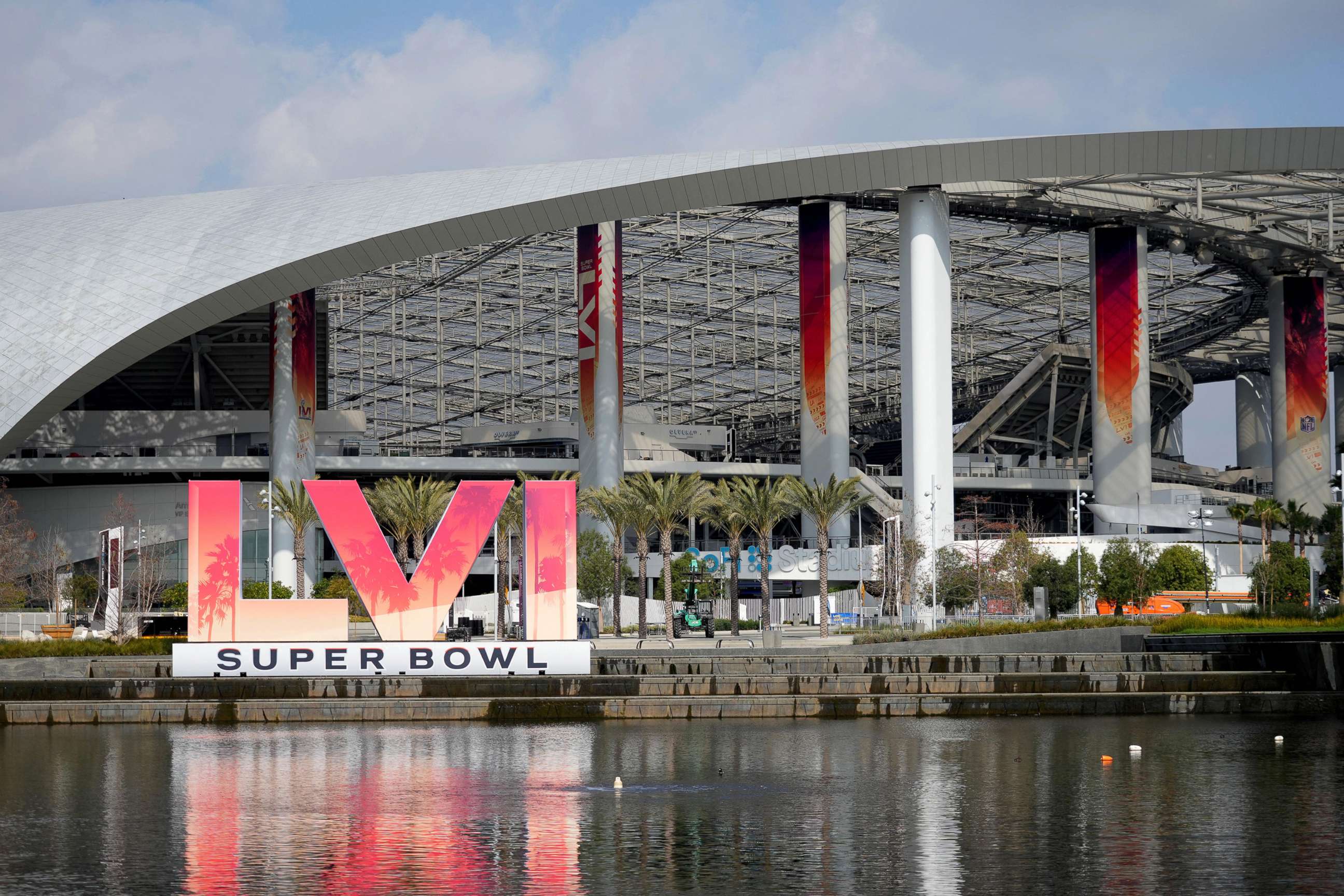 PHOTO: The Super Bowl LVI numerals logo is shown at SoFi Stadium in Inglewood, Calif., on Feb. 1, 2022.