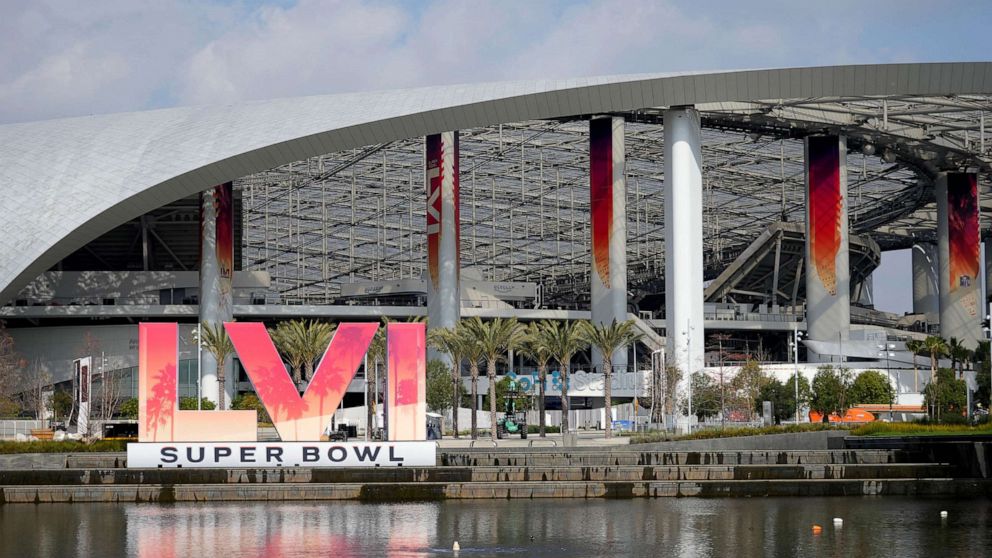 PHOTO: The Super Bowl LVI numerals logo is shown at SoFi Stadium in Inglewood, Calif., on Feb. 1, 2022.