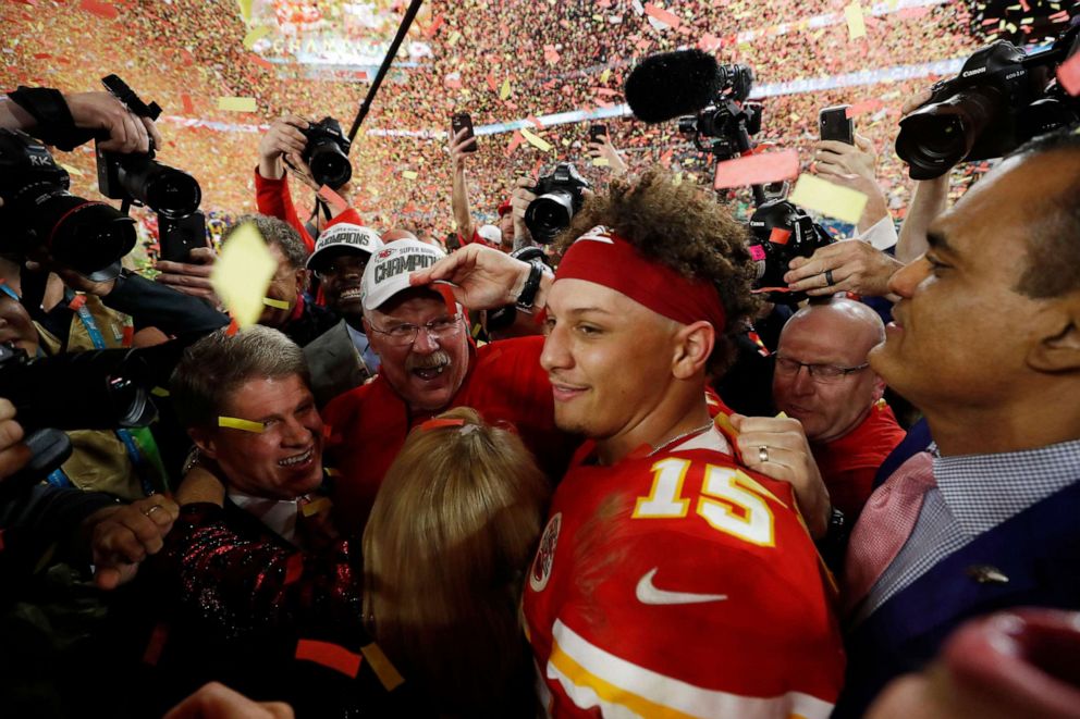 PHOTO: Kansas City Chiefs' Patrick Mahomes and head coach Andy Reid celebrate after winning Super Bowl LIV, Feb. 2, 2020.