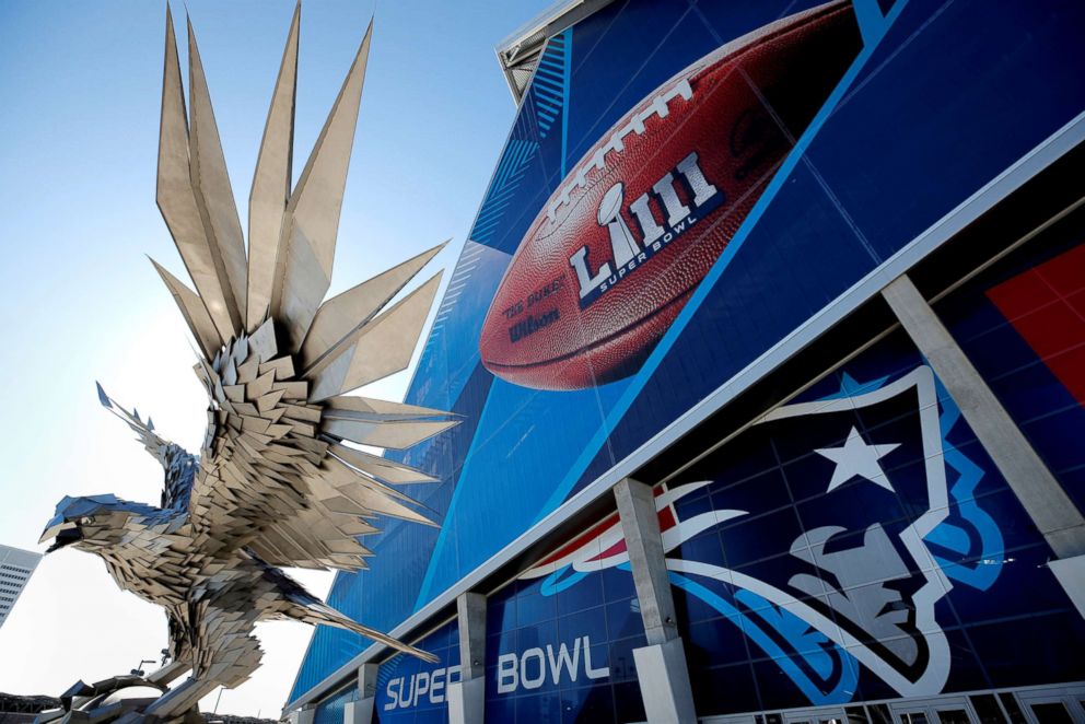 PHOTO: A metal falcon sculpture stands outside Mercedes Benz Stadium ahead of Super Bowl LIII in Atlanta, Ga., Jan. 31, 2019.