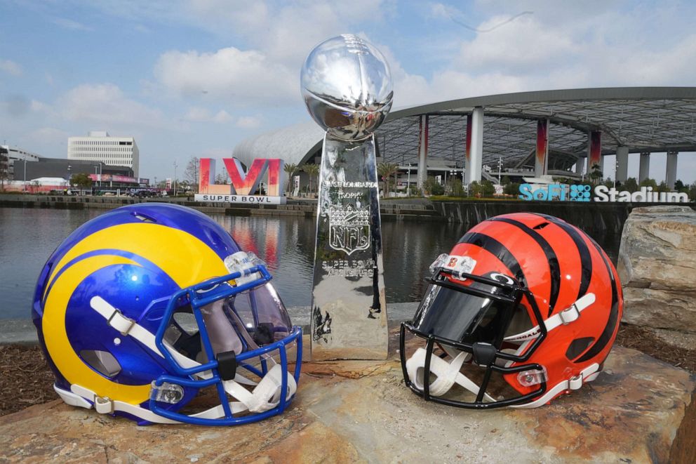 PHOTO: Los Angeles Rams and Cincinnati Bengals helmets are seen with a Vince Lombardi trophy at SoFi Stadium in Inglewood, Calif., on Feb. 1, 2022.