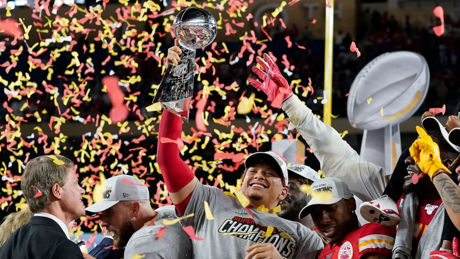 PHOTO: Kansas City Chiefs' Patrick Mahomes celebrates with the Vince Lombardi trophy after winning the Super Bowl LIV at Hard Rock Stadium in Miami, Feb. 2, 2020.