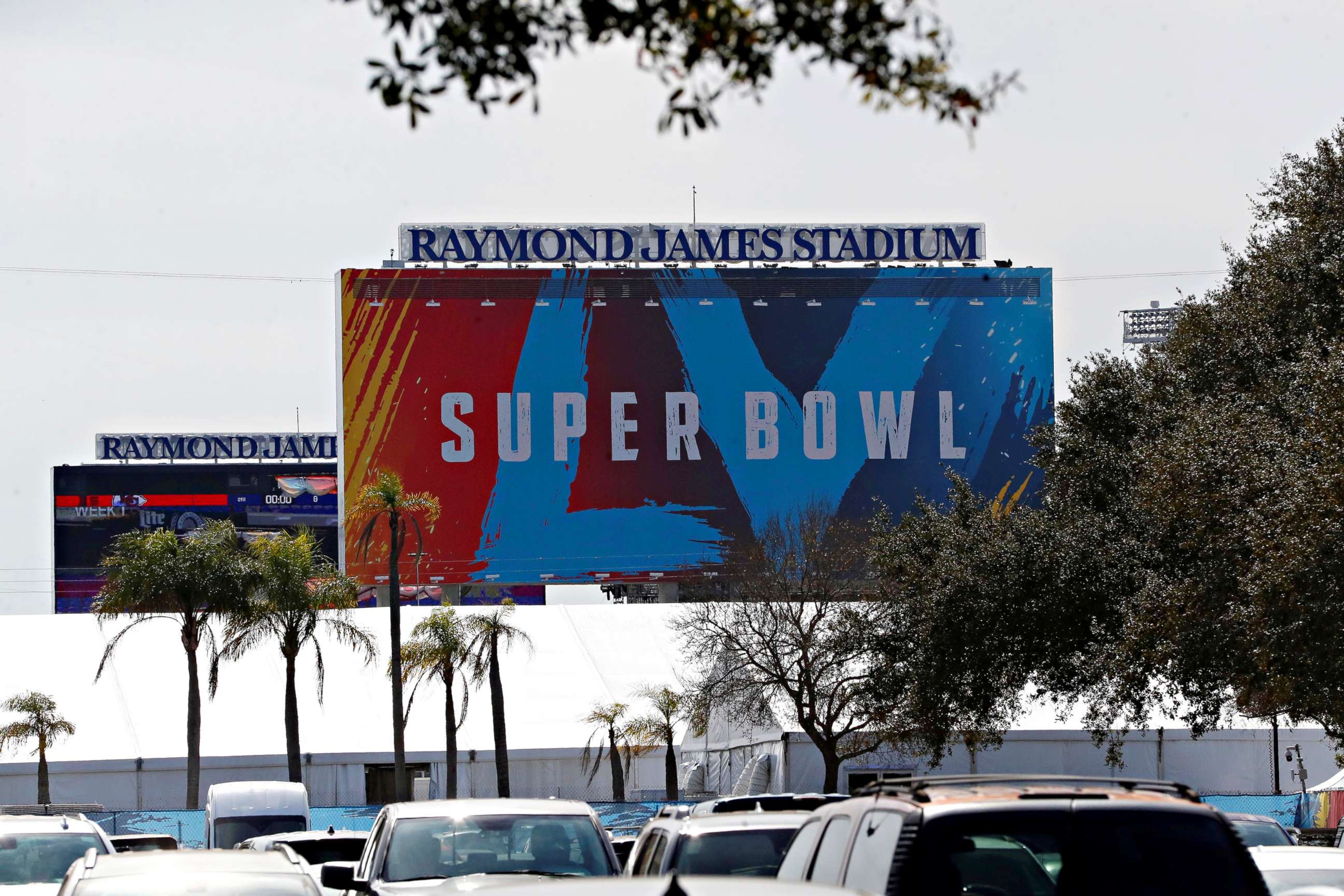 PHOTO: Signage for Super Bowl LV at Raymond James Stadium in Tampa, Jan. 32, 2021.