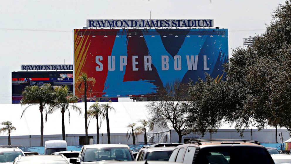 PHOTO: Signage for Super Bowl LV at Raymond James Stadium in Tampa, Jan. 32, 2021.