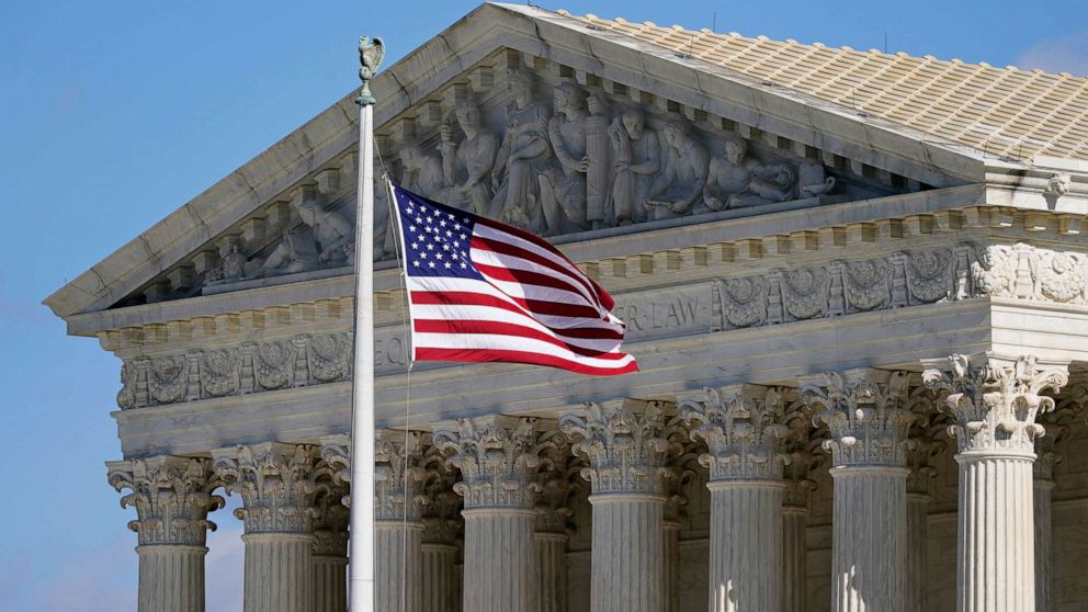 PHOTO: An American flag waves in front of the Supreme Court building on Capitol Hill in Washington, Nov. 2, 2020. 