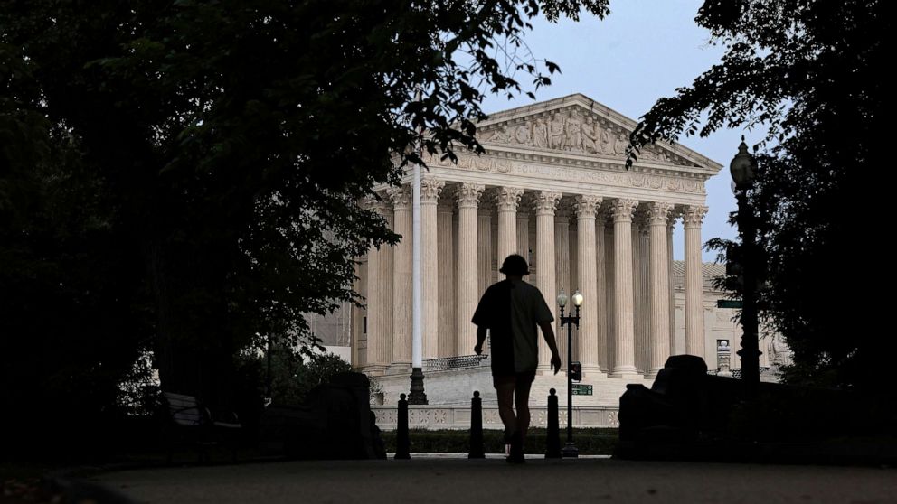 PHOTO: A pedestrian is seen close to the U.S. Supreme Court on June 5, 2023 in Washington, DC.