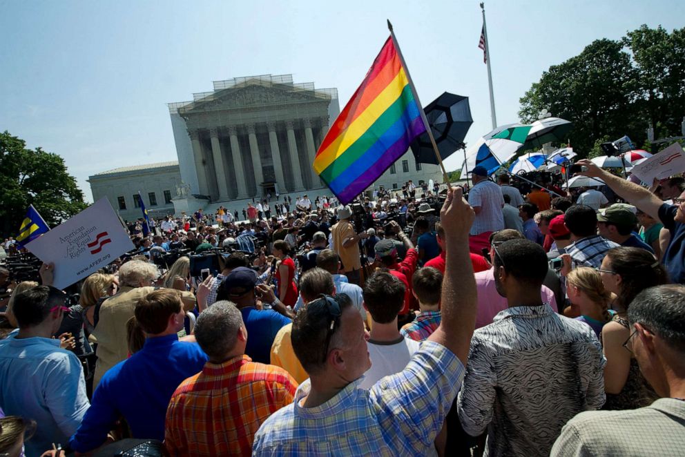 PHOTO: In this June 26, 2013, file photo, gay and lesbian activists protest in front of the U.S. Supreme Court building in Washington, D.C.