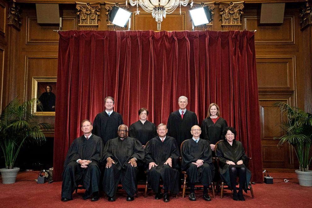 PHOTO: Members of the Supreme Court pose for a group photo at the Supreme Court in Washington, D.C, April 23, 2021.