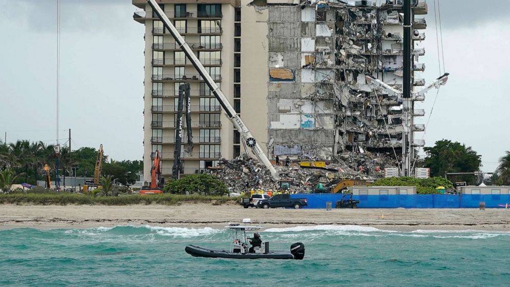 PHOTO: A Florida Fish and Wildlife Conservation law enforcement boat patrols the oceanfront as search and rescue efforts continue at the Champlain Towers South condo building, June 30, 2021, in Surfside, Fla., near Miami Beach.