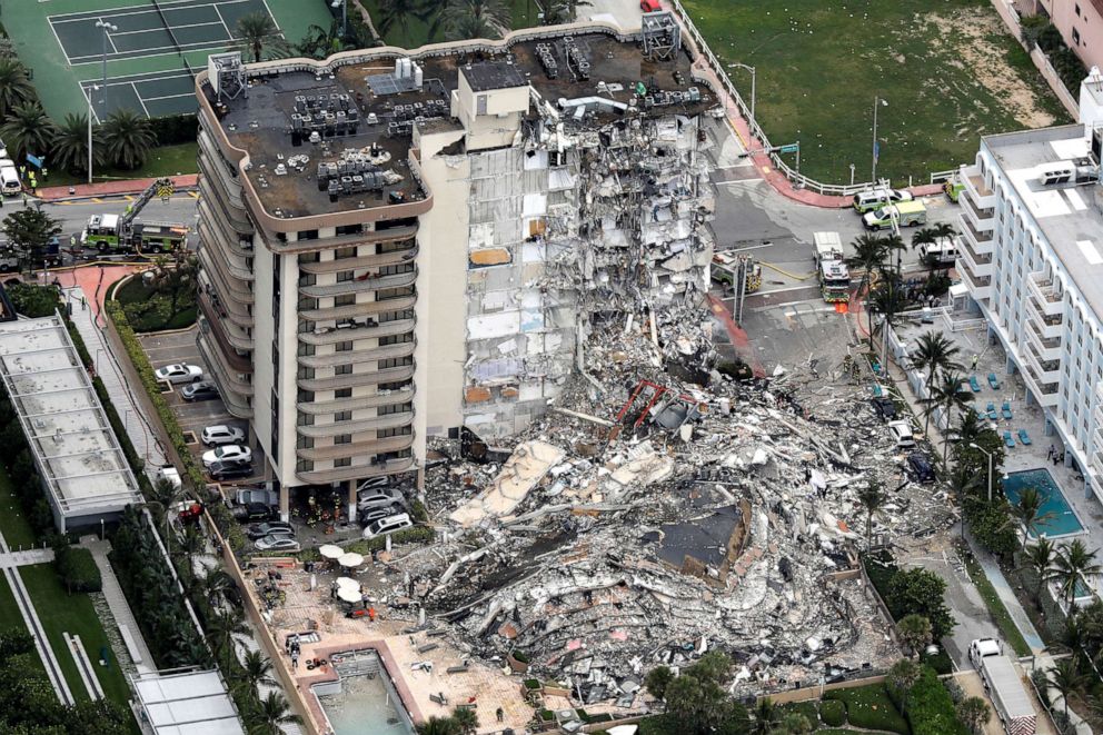 PHOTO: In this June 24, 2021, file photo, an aerial view showing a partially collapsed building in Surfside, Fla.