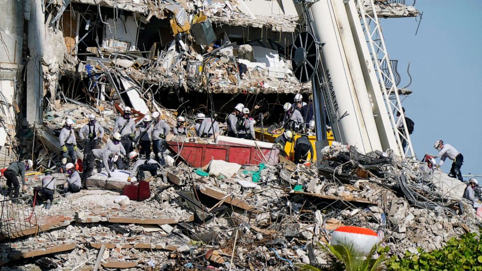 PHOTO: Workers search the rubble at the Champlain Towers South Condo, June 28, 2021, in Surfside, Fla.