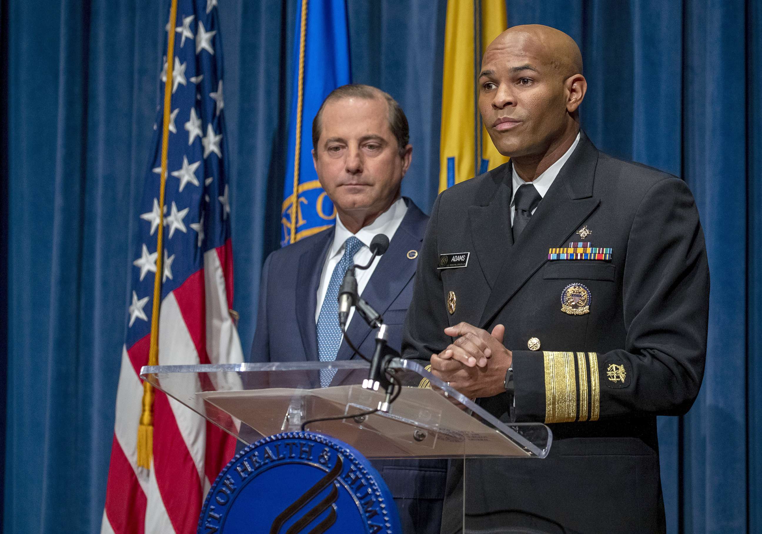 PHOTO: Surgeon General Jerome Adams and Health and Human Services  Secretary Alex Azar speak at press conference, Aug. 29, 2019, in Washington, D.C. 