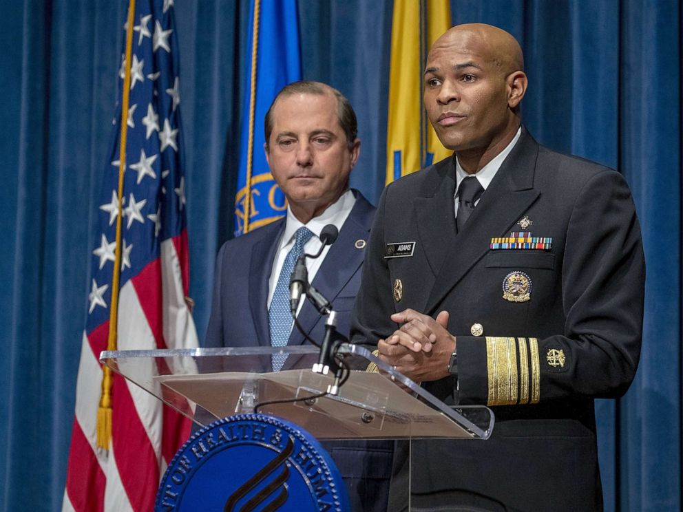 PHOTO: Surgeon General Jerome Adams and Health and Human Services Secretary Alex Azar speak at press conference, Aug. 29, 2019, in Washington, D.C.