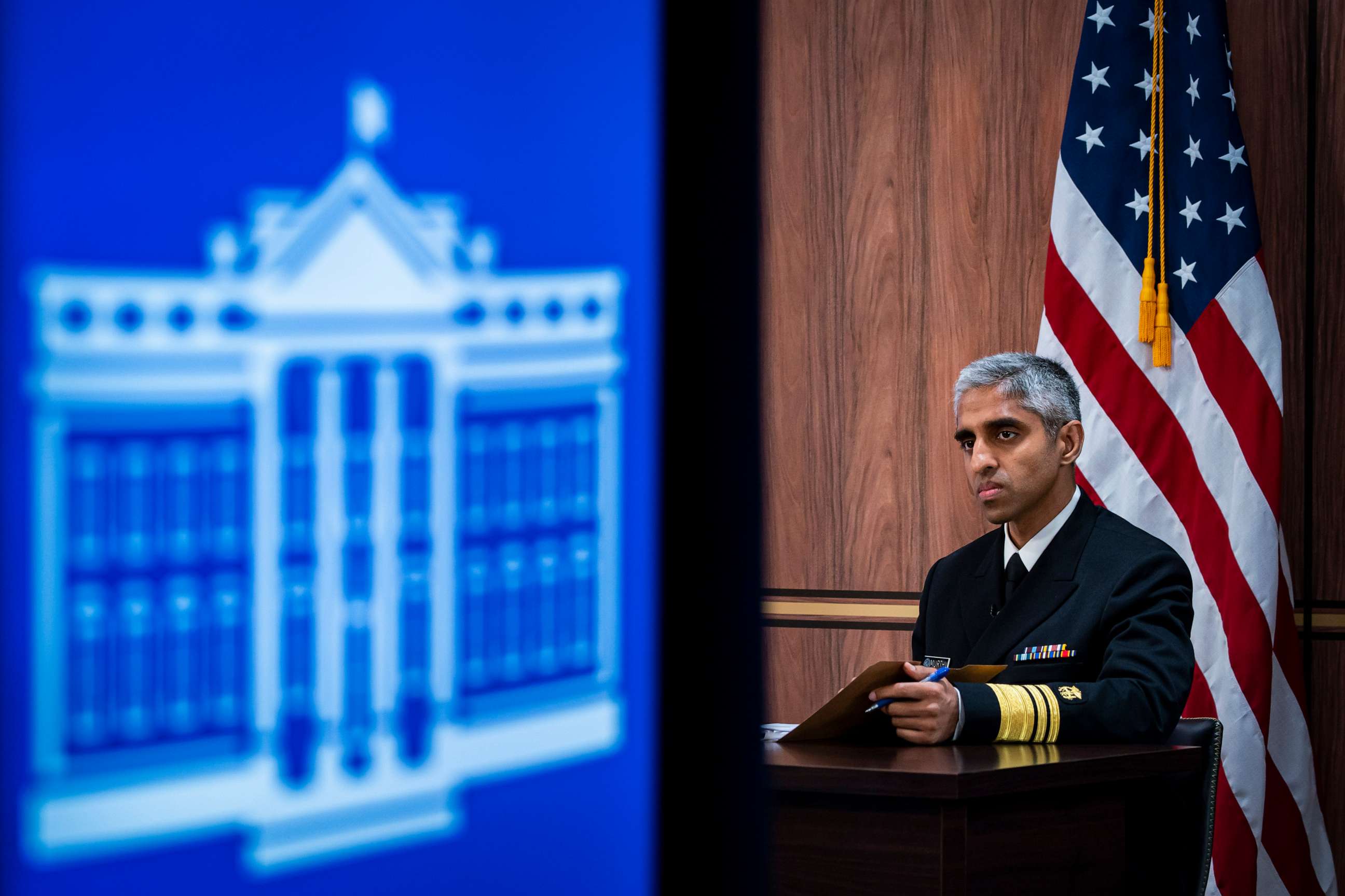 PHOTO: Vivek Murthy, US surgeon general, during a virtual meeting with President Joe Biden and baby formula manufacturers in the Eisenhower Executive Office Building in Washington, June 1, 2022.