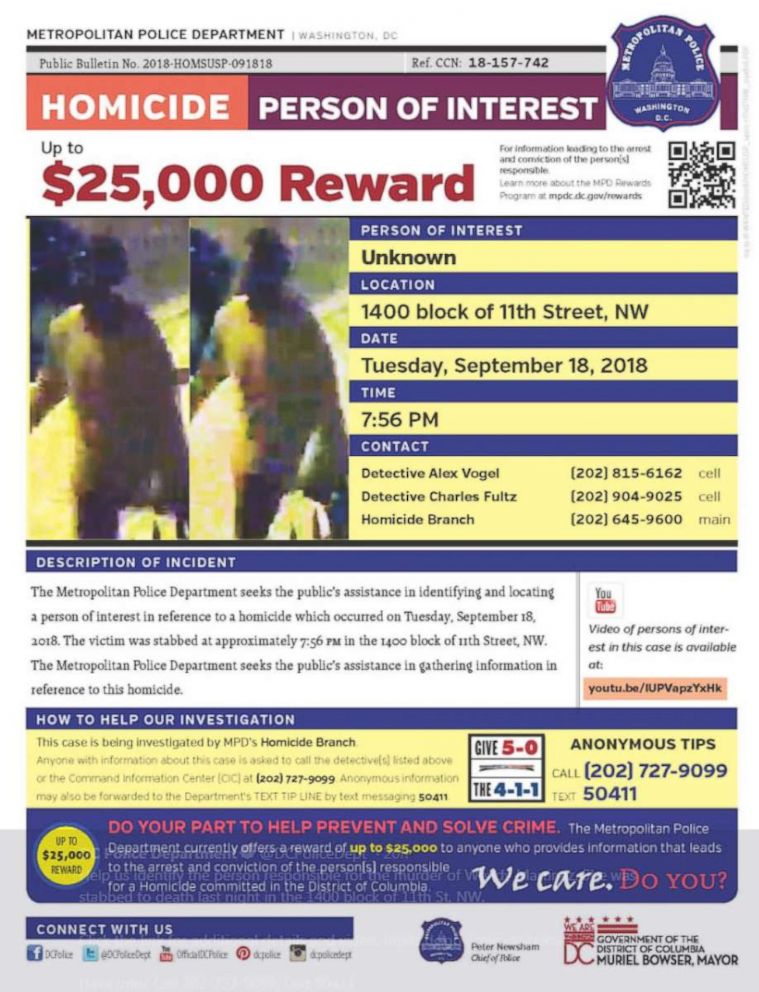 PHOTO: Police are searching for a suspect who allegedly stabbed a Washington, D.C., woman on Sept. 18, 2018.