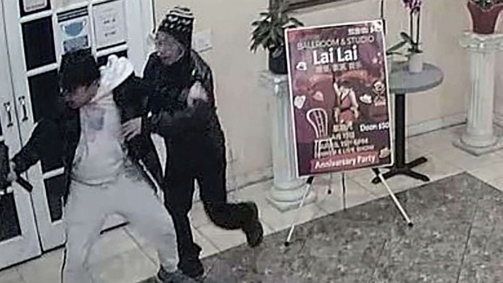 PHOTO: Brandon Tsay is seen in surveillance video wrestling a gun away from Huu Can Tran, 72, who is alleged to have killed 10 people in nearby Monterey Park, in a dance hall in Alhambra, California, on Jan. 21, 2023.