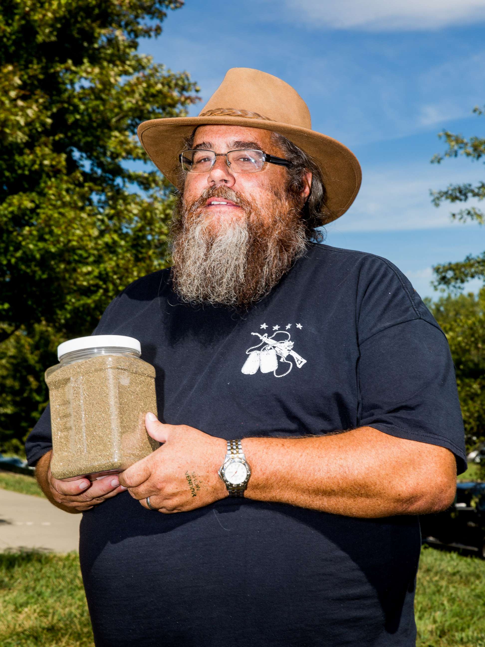 PHOTO: Mark Kemp holds a container of heirloom celery seeds at the Kansas City Survival Expo and Gun Show, Sept. 30, 2017, in Kansas City, Mo. 