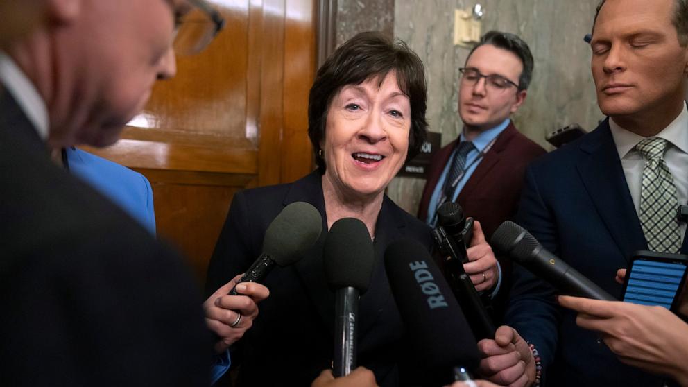 PHOTO: Sen. Susan Collins speaks with reporters after meeting with Pete Hegseth, President-elect Donald Trump's choice to be defense secretary, on Capitol Hill, Dec. 11, 2024, in Washington.