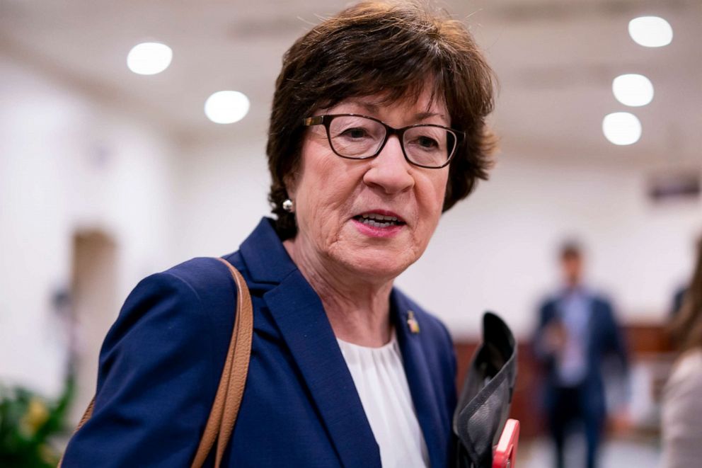 PHOTO: Sen. Susan Collins speaks to reporters amid the fallout from a leaked draft Supreme Court opinion that could overturn the landmark Roe v. Wade ruling, at the Capitol in Washington, D.C., on May 4, 2022.