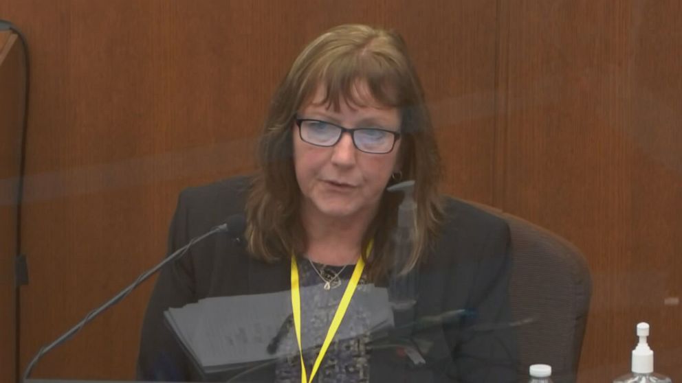 PHOTO: In this screen grab taken from video, Susan Neith, Minnesota Forensic Chemist, testifies at the trial of Derek Chauvin on April 7, 2021, in Minneapolis, Minn.
