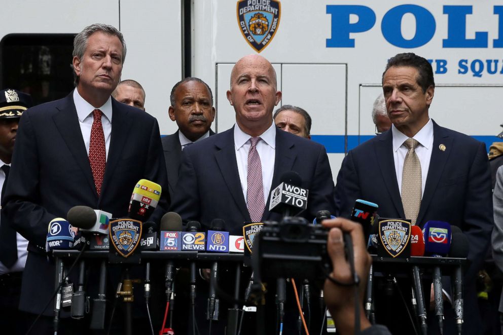 PHOTO: Mayor Bill de Blasio, Police Commissioner James O'Neill and Governor Andrew Cuomo give a media briefing outside the Time Warner Center in New York after a suspicious package was found inside the CNN Headquarters, Oct. 24, 2018.