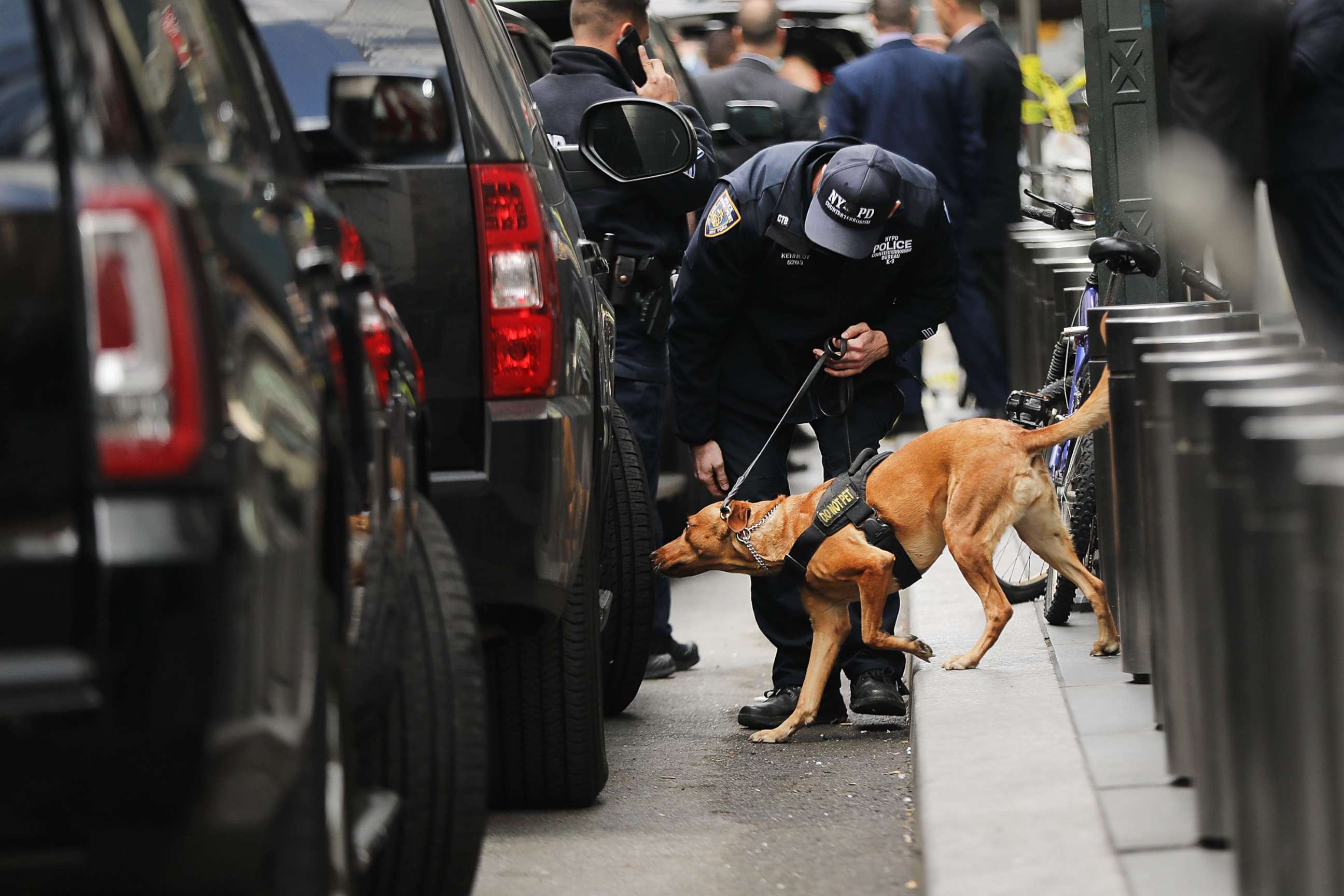 PHOTO: A police bomb-sniffing dog is deployed outside of the Time Warner Center after an explosive device was found this morning on Oct. 24, 2018 in New York.