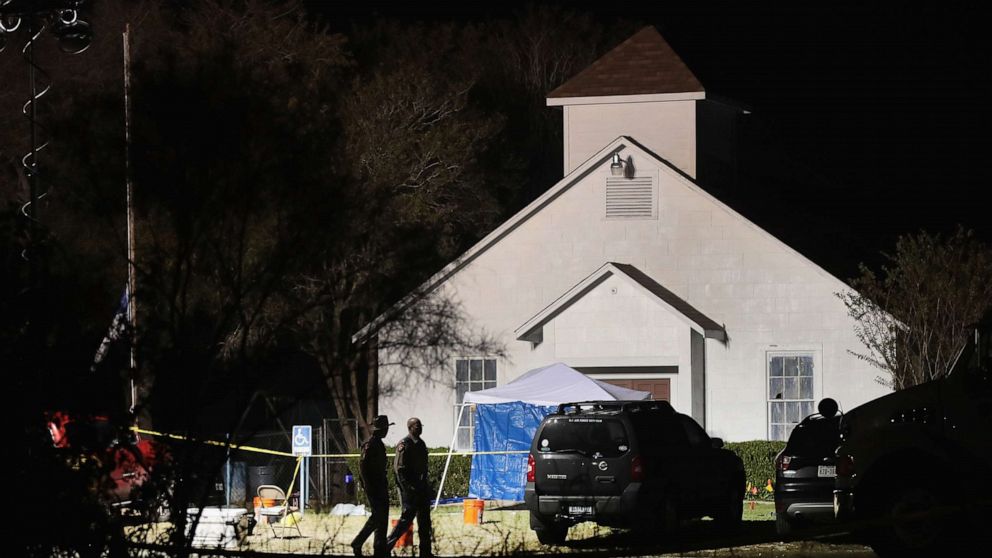 PHOTO: Law enforcement officials continue their investigation at First Baptist Church of Sutherland Springs Texas, during the early morning hours of Nov. 6, 2017.