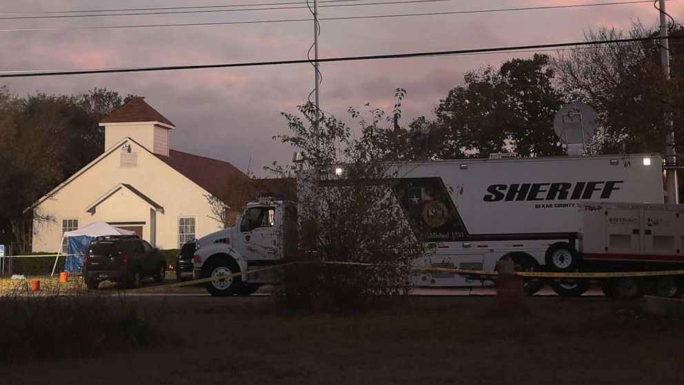 PHOTO: Law enforcement officials continue their investigation at First Baptist Church of Sutherland Springs as the sun begins to rise, Nov. 6, 2017, in Sutherland Springs, Texas. 