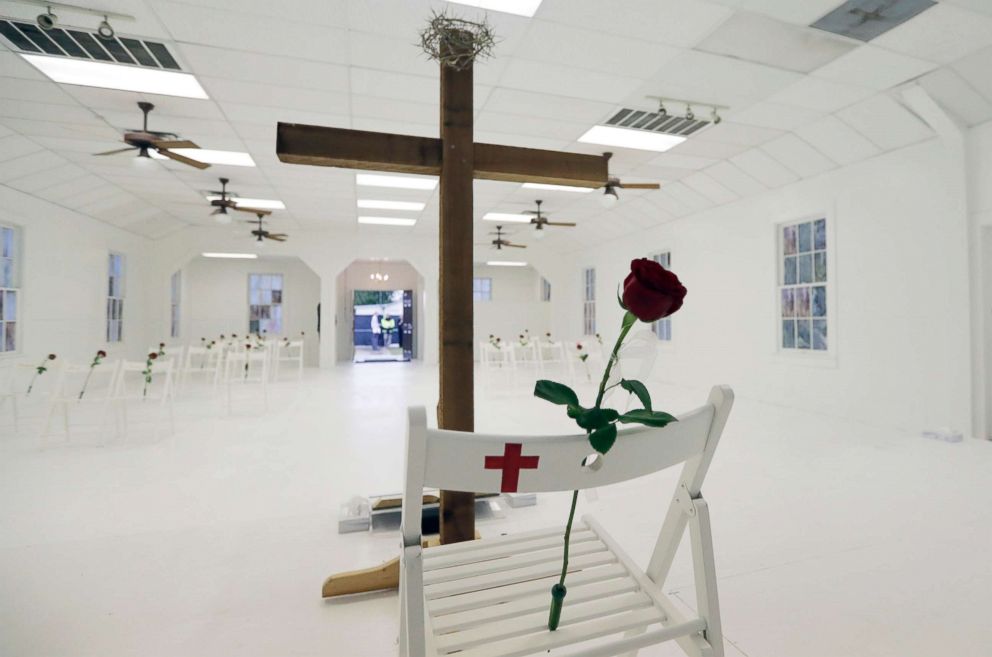 PHOTO: A memorial for the victims of the shooting at Sutherland Springs First Baptist Church is shown and includes 26 white chairs, each painted with a cross and and rose, and is displayed in the church in Sutherland Springs, Texas, Nov. 12, 2017. 