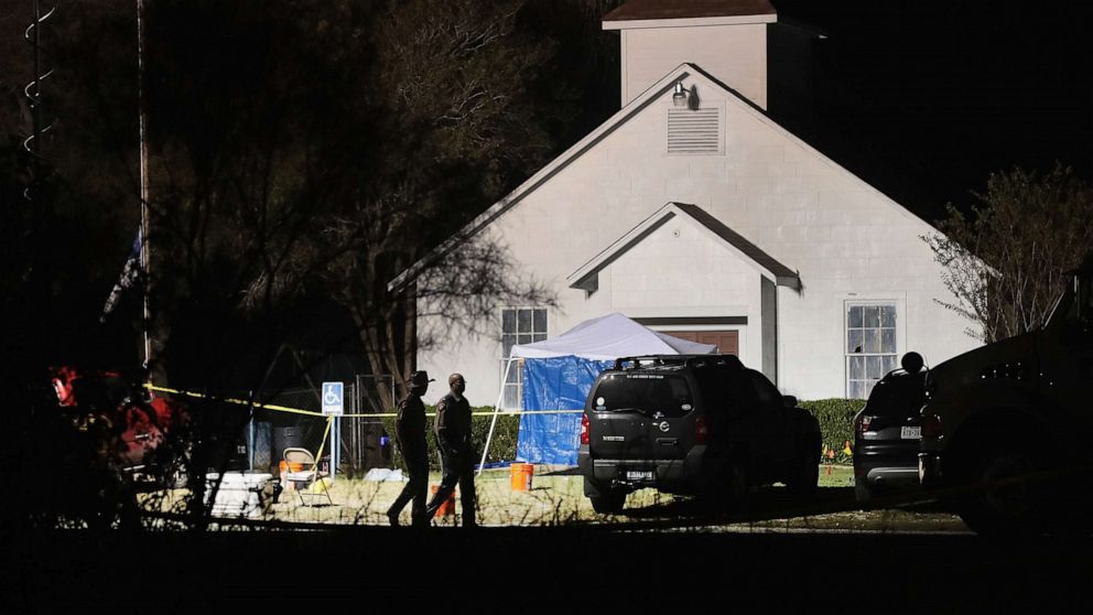 PHOTO: In this Nov. 6, 2017 file photo law enforcement officials continue their investigation at First Baptist Church of Sutherland Springs Texas.